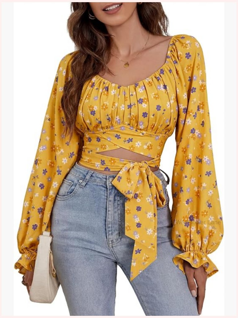 Women's Ruched Wrap Square Neck Crop Top Long Sleeve Blouse